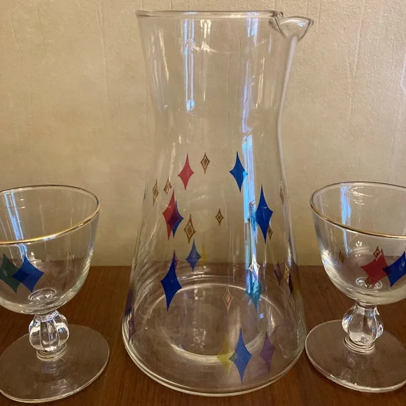 Libby Retro Mid-Century Atomic diamond design Barware set pitcher & 4 glasses